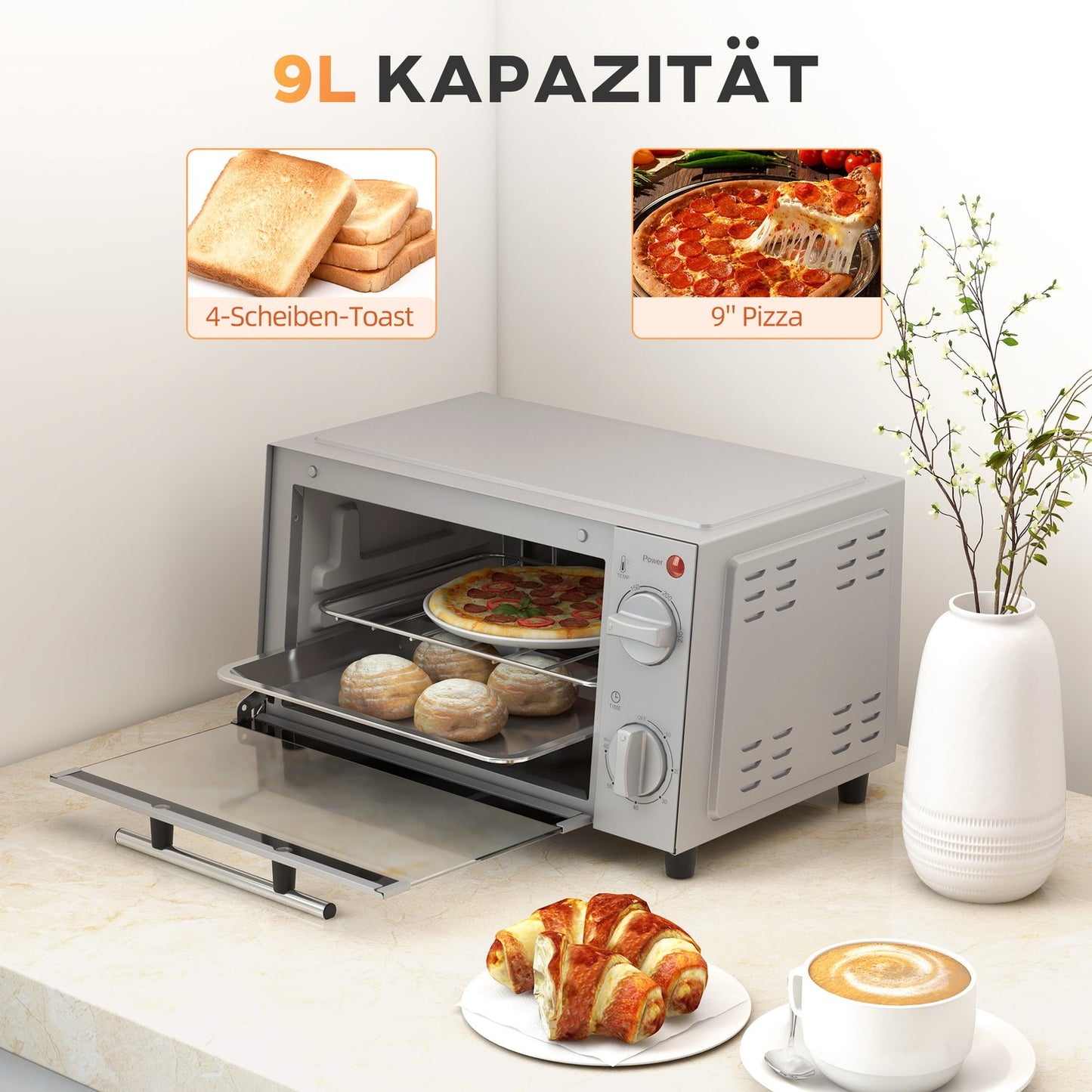 Mini oven 9L, Adjustable Temp & Timer, Stainless steel