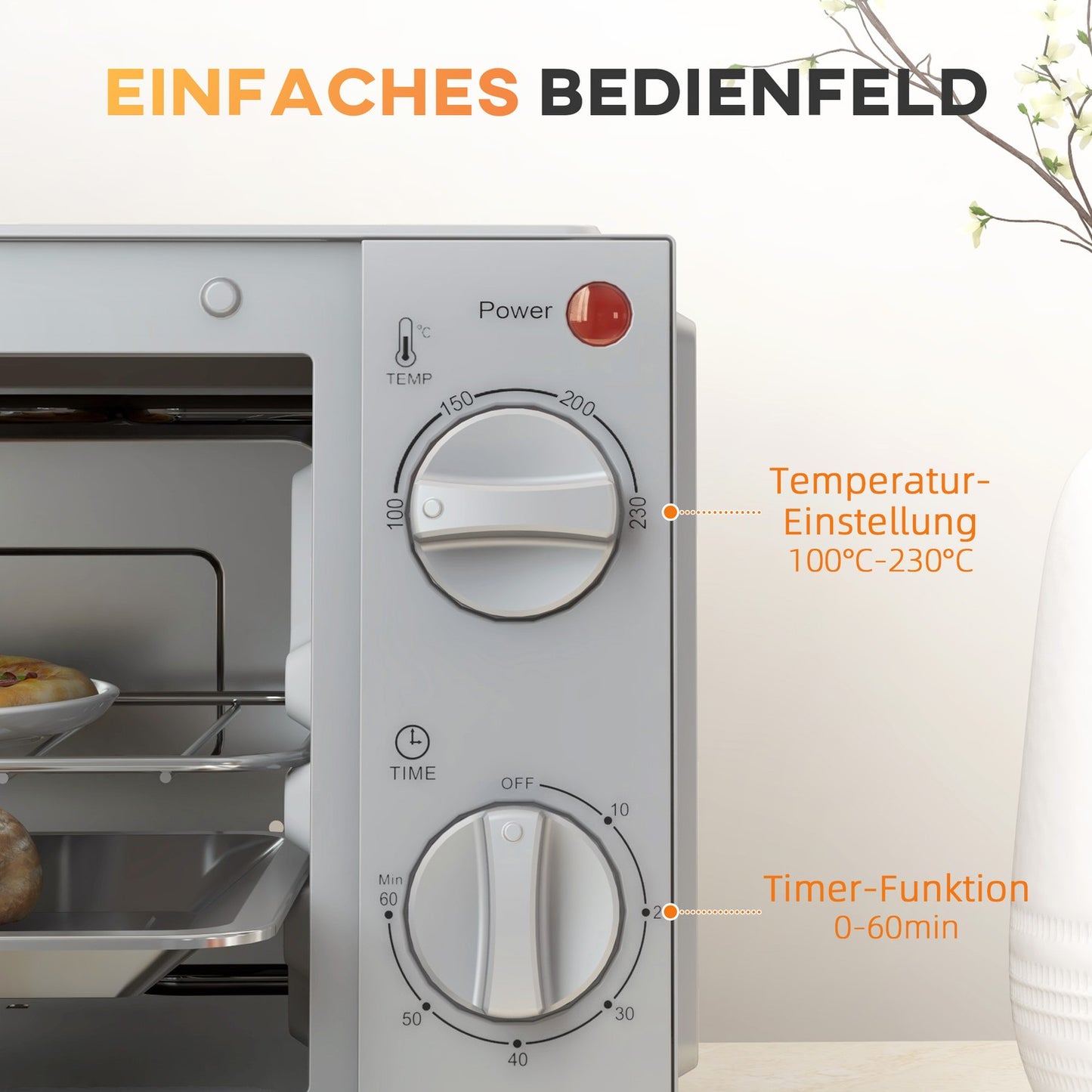 Mini oven 9L, Adjustable Temp & Timer, Stainless steel