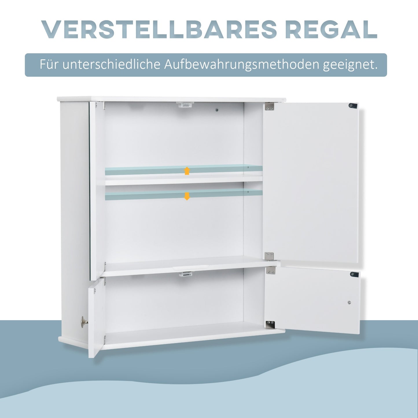 White wall-mounted bathroom cabinet, mirror & glass shelves