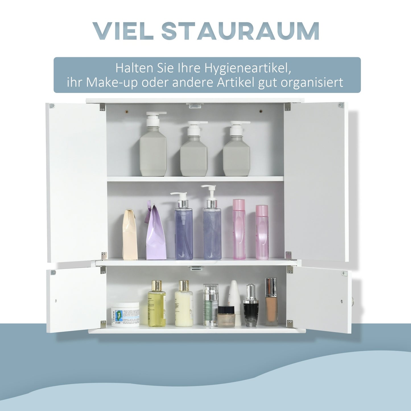 White wall-mounted bathroom cabinet, mirror & glass shelves