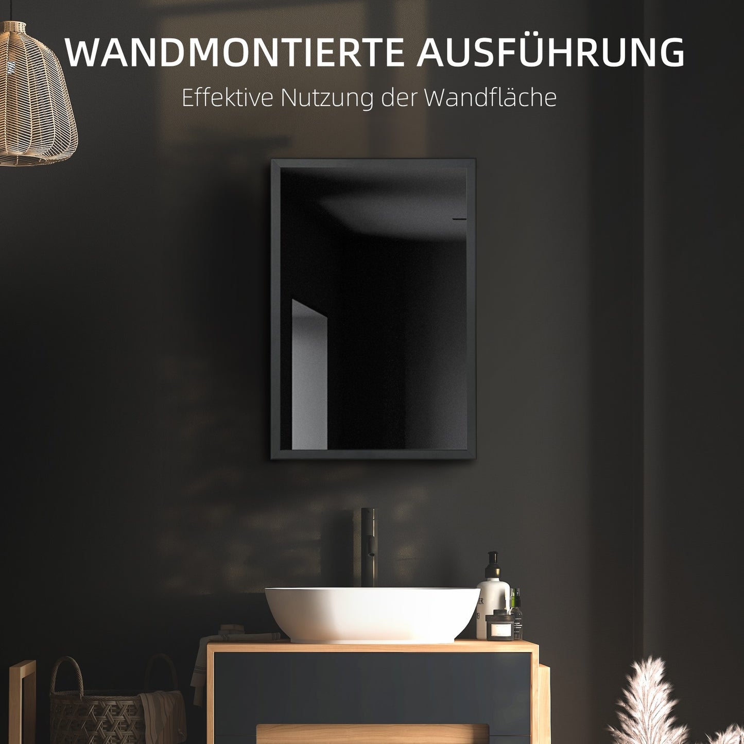 Black bathroom wall cabinet, mirror & storage, 3 levels