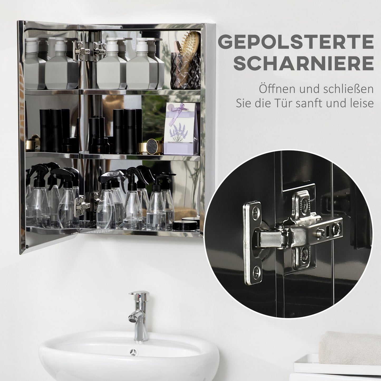 Bathroom mirror cabinet in stainless steel - 3-tier, Silver