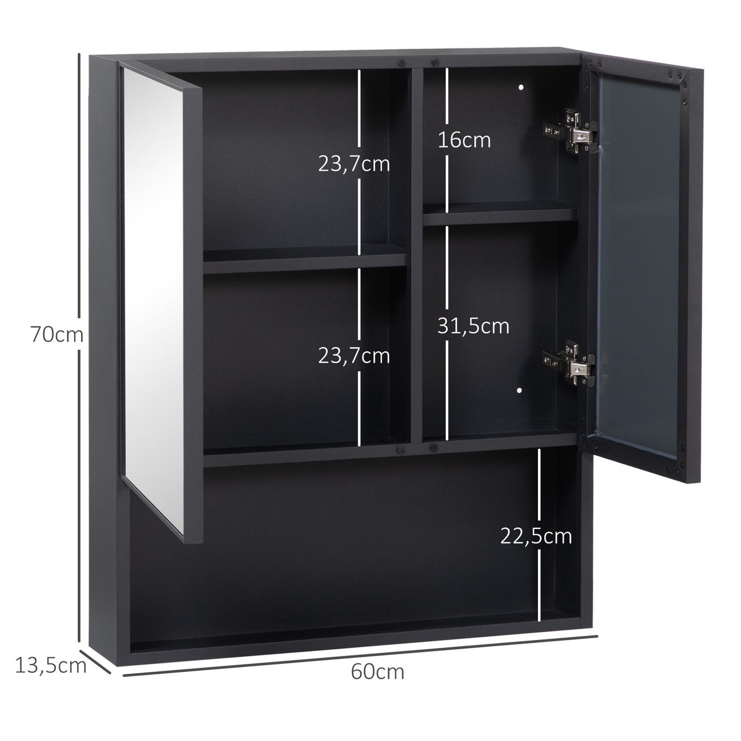 Black bathroom mirror cabinet, 5-tier double door, 60x13.5x70cm