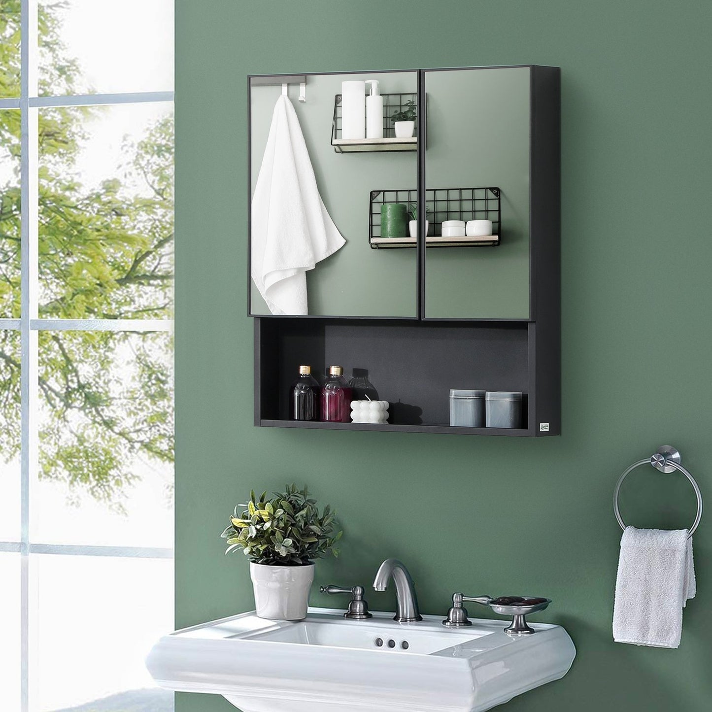 Black bathroom mirror cabinet, 5-tier double door, 60x13.5x70cm