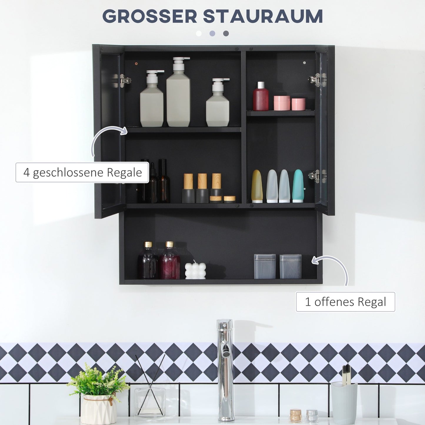 Black bathroom mirror cabinet, 5-tier double door, 60x13.5x70cm