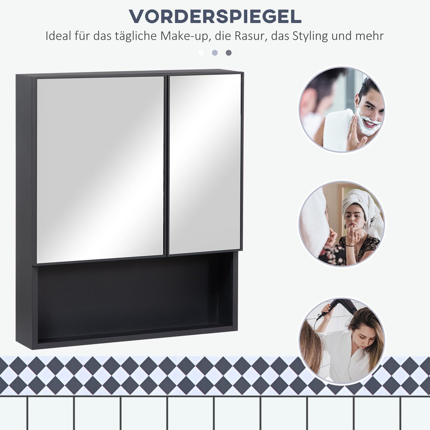 Black bathroom mirror cabinet, 5-tier double door, 60x13.5x70cm