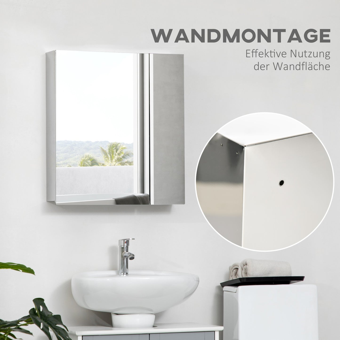 Silver wall-hung bathroom cabinet, double doors, 3 shelves