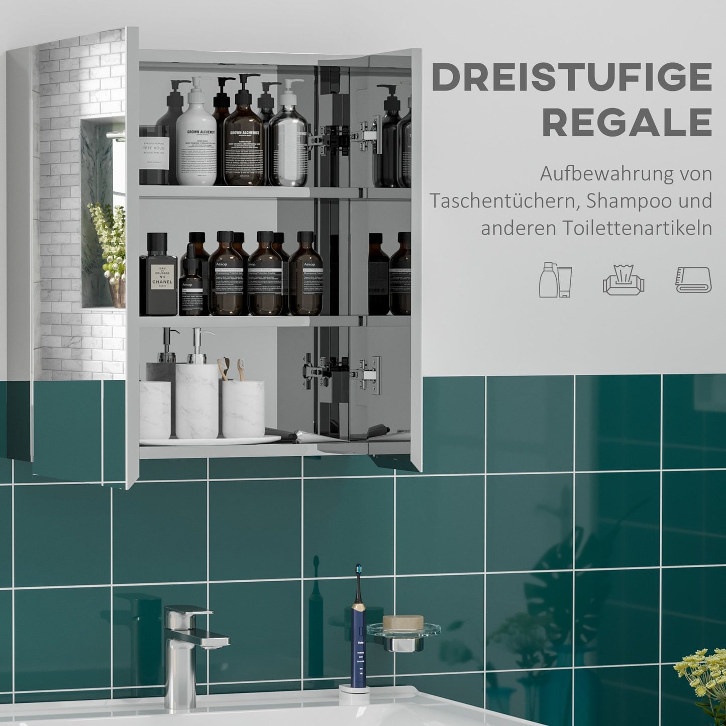 Silver wall-hung bathroom cabinet, double doors, 3 shelves