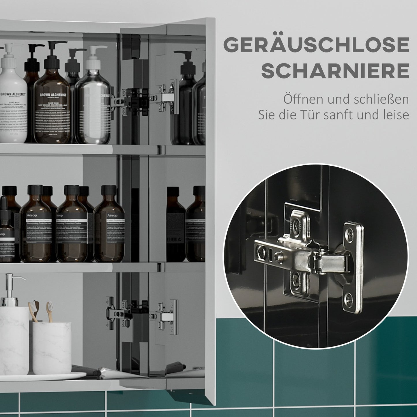 Silver wall-hung bathroom cabinet, double doors, 3 shelves