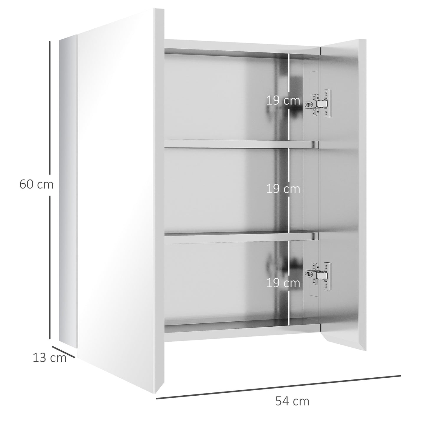 Silver wall-hung bathroom cabinet, double doors, 3 shelves