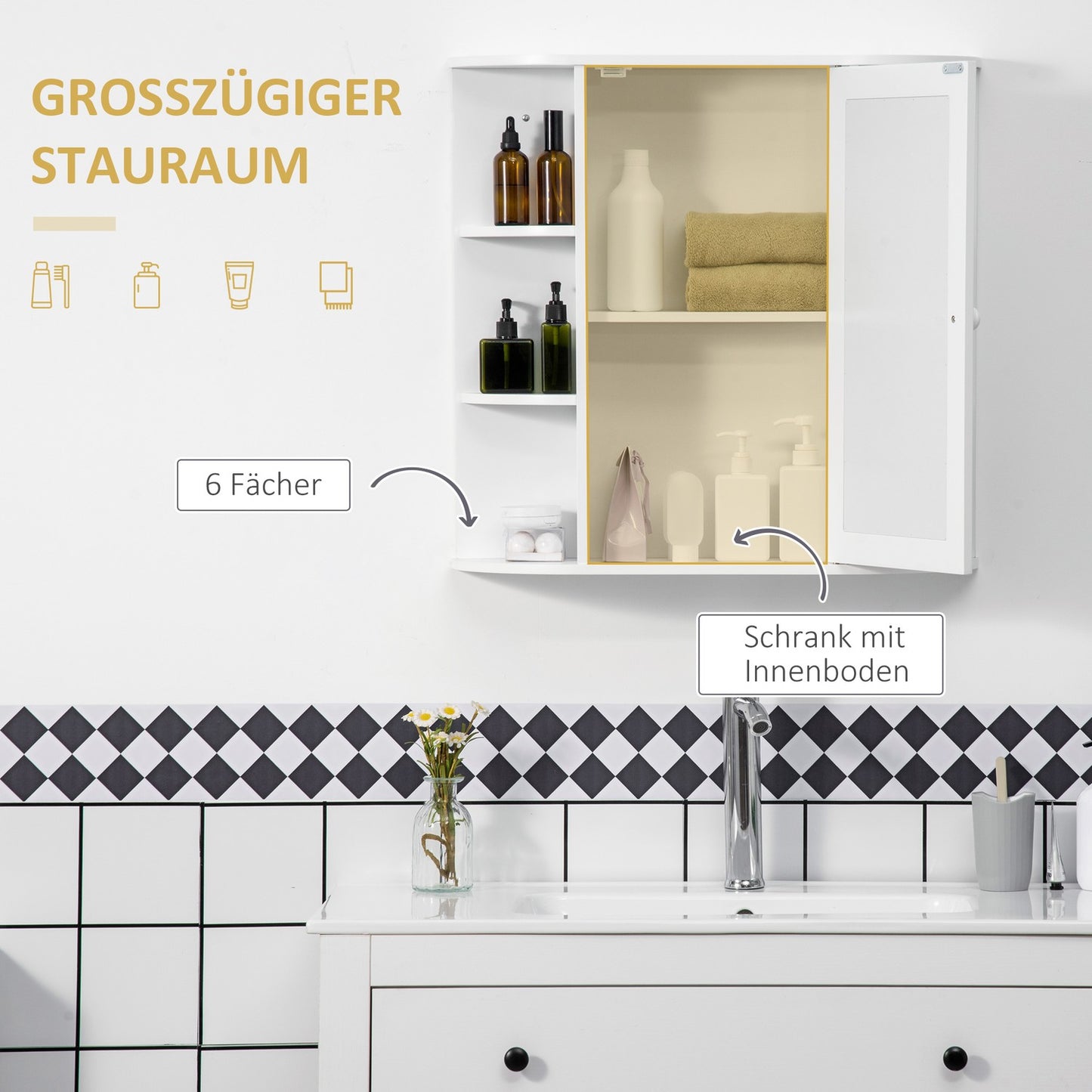 Wall-mounted bathroom mirror cabinet, 8 compartments, white
