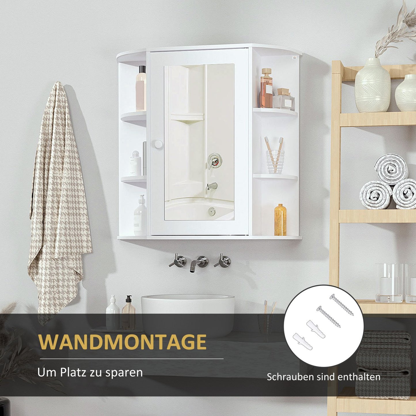 Wall-mounted bathroom mirror cabinet, 8 compartments, white