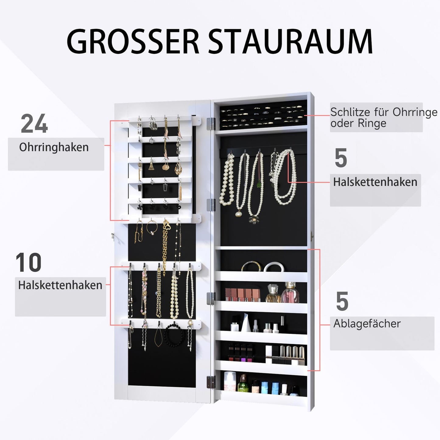 Wall mirror cabinet with large jewelry storage, 37x9.5x112cm