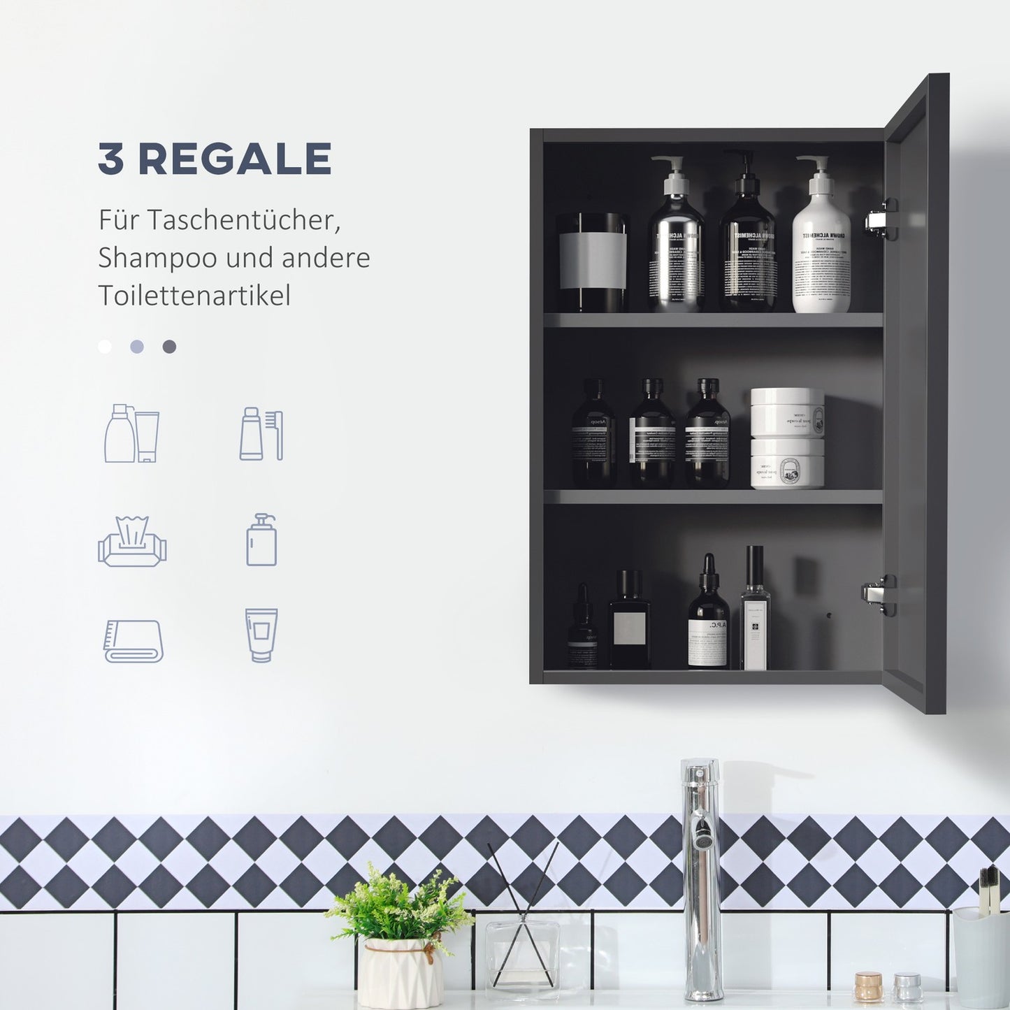 Black Wall cabinet with mirror & 3 shelves for bathroom