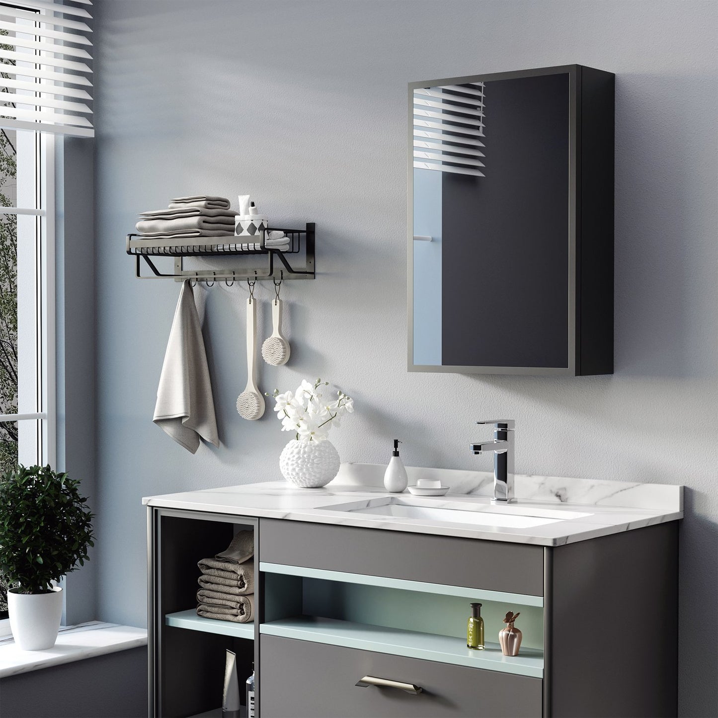 Black Wall cabinet with mirror & 3 shelves for bathroom