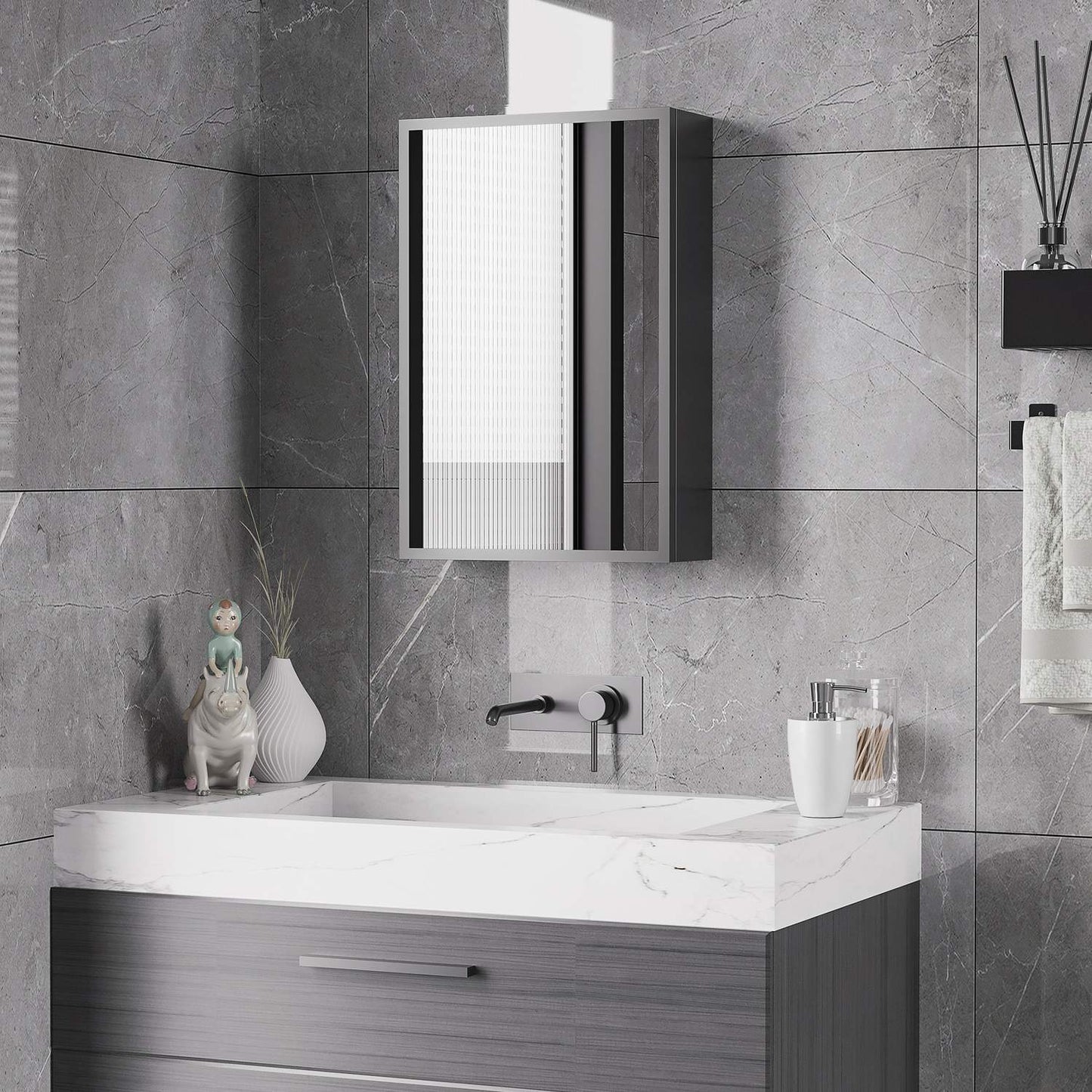 Black Wall cabinet with mirror & 3 shelves for bathroom