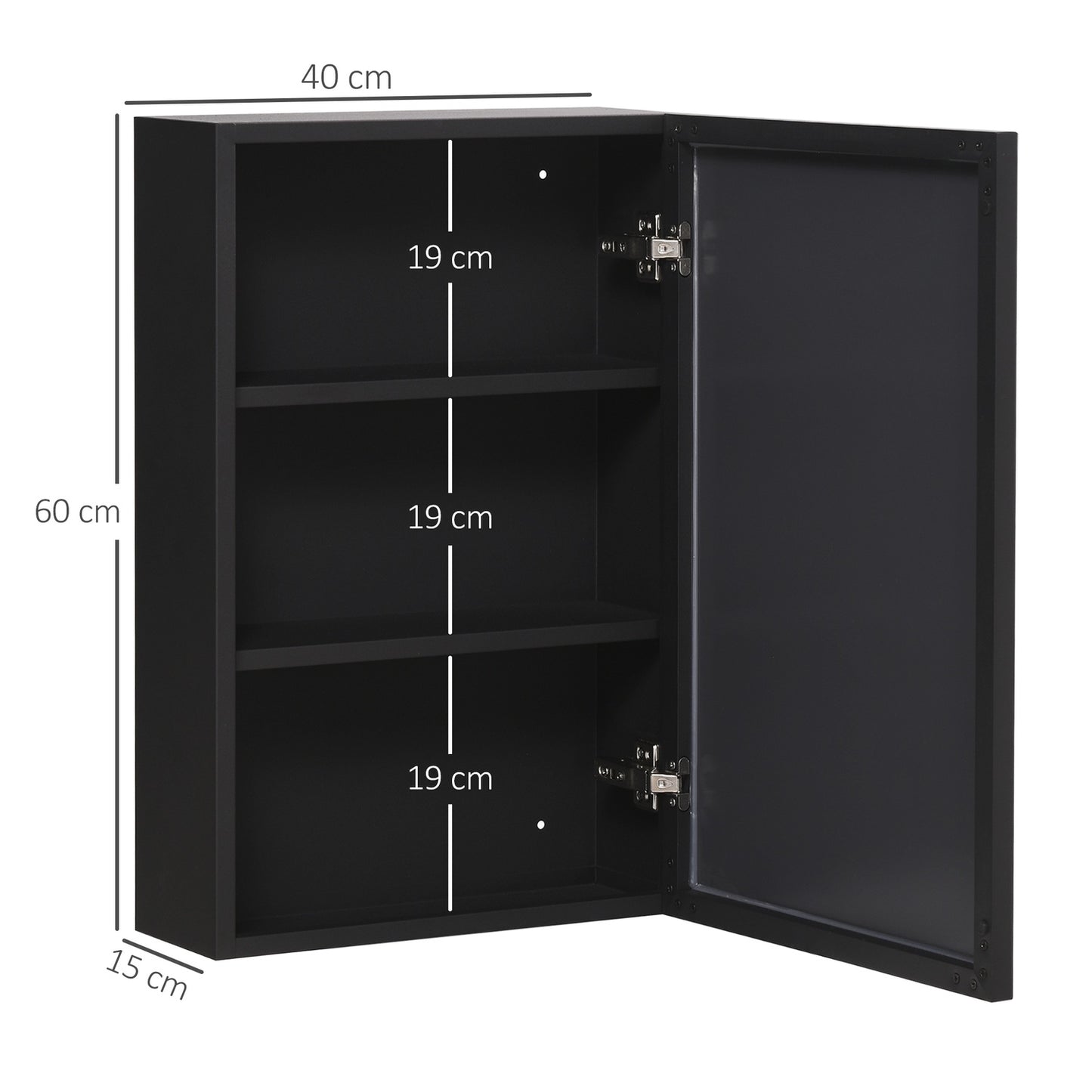 Black Wall cabinet with mirror & 3 shelves for bathroom