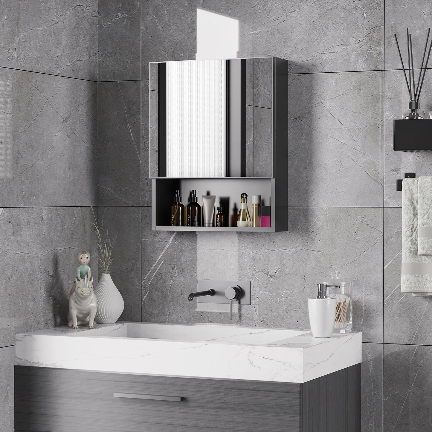 Bathroom mirror cabinet, stainless steel, glass shelves