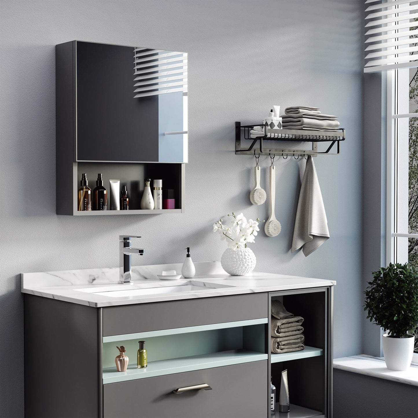 Bathroom mirror cabinet, stainless steel, glass shelves