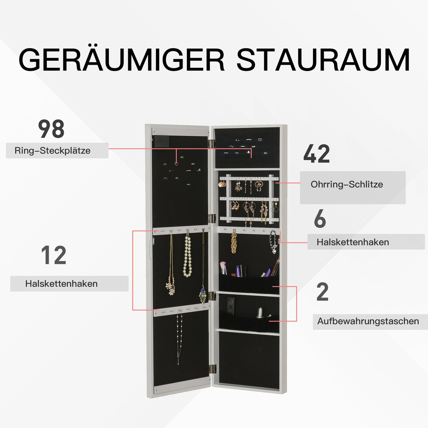 LED Mirror Jewelry Cabinet, Door Mount, 36.6""x8""x120"" White