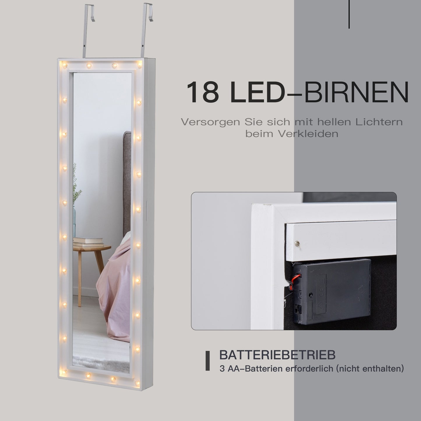 LED Mirror Jewelry Cabinet, Door Mount, 36.6""x8""x120"" White