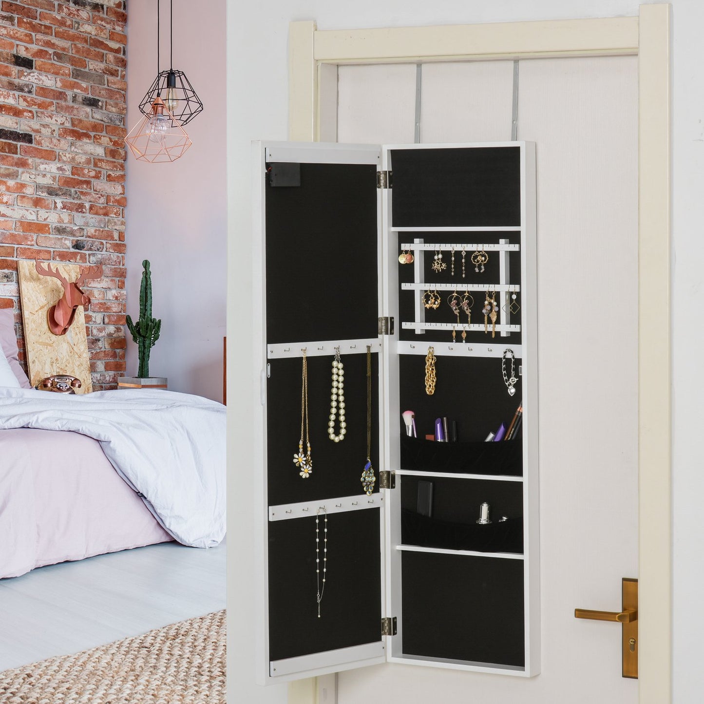 LED Mirror Jewelry Cabinet, Door Mount, 36.6""x8""x120"" White