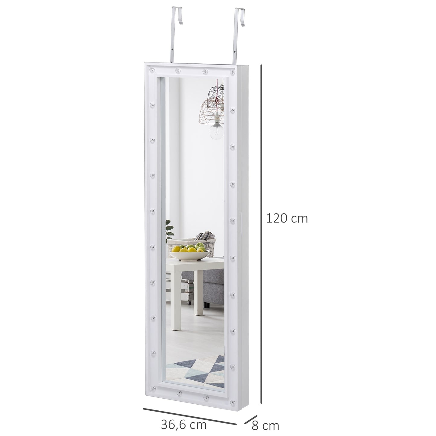 LED Mirror Jewelry Cabinet, Door Mount, 36.6""x8""x120"" White