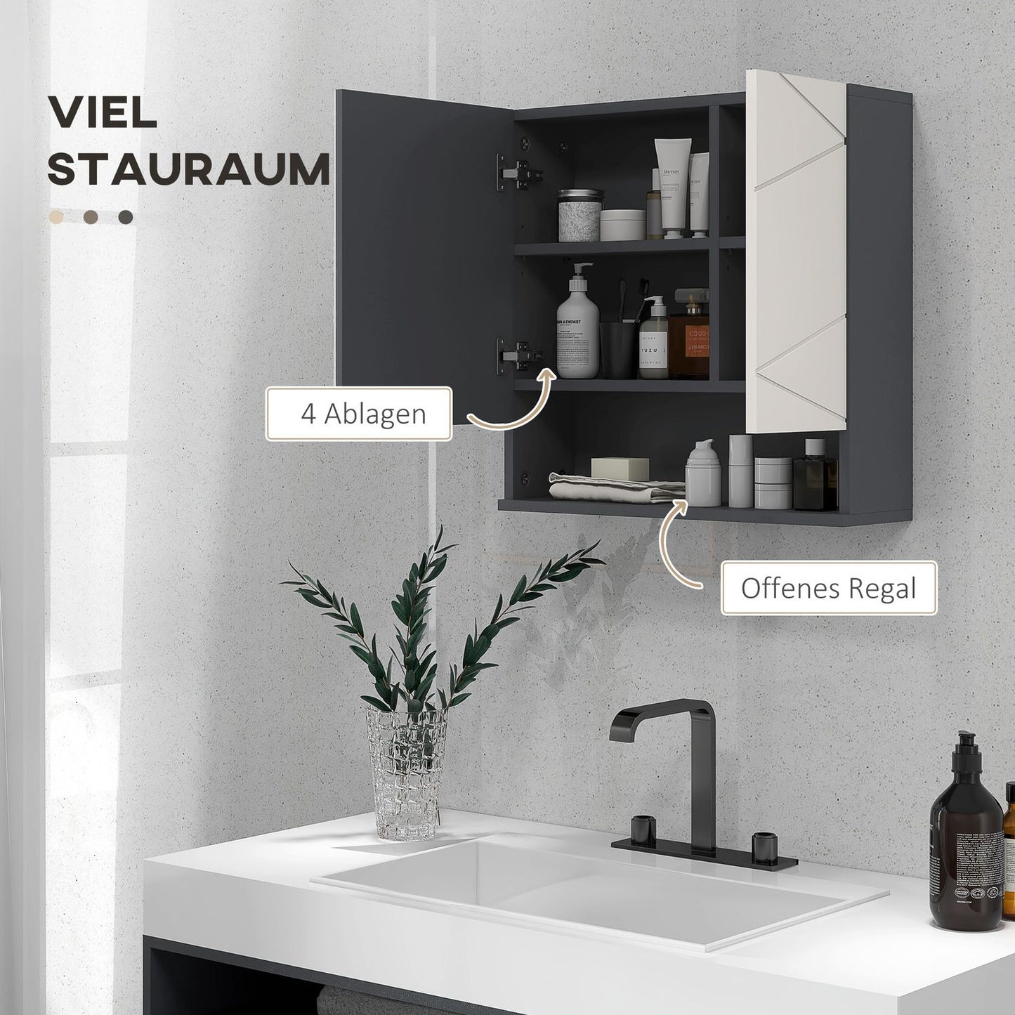 Bathroom Mirror Cabinet - Anti-Fog, Adjustable Shelf, Gray