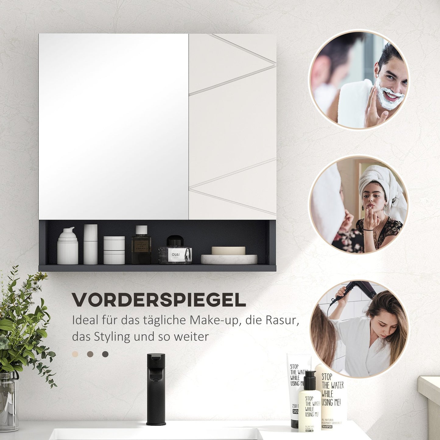Bathroom Mirror Cabinet - Anti-Fog, Adjustable Shelf, Gray