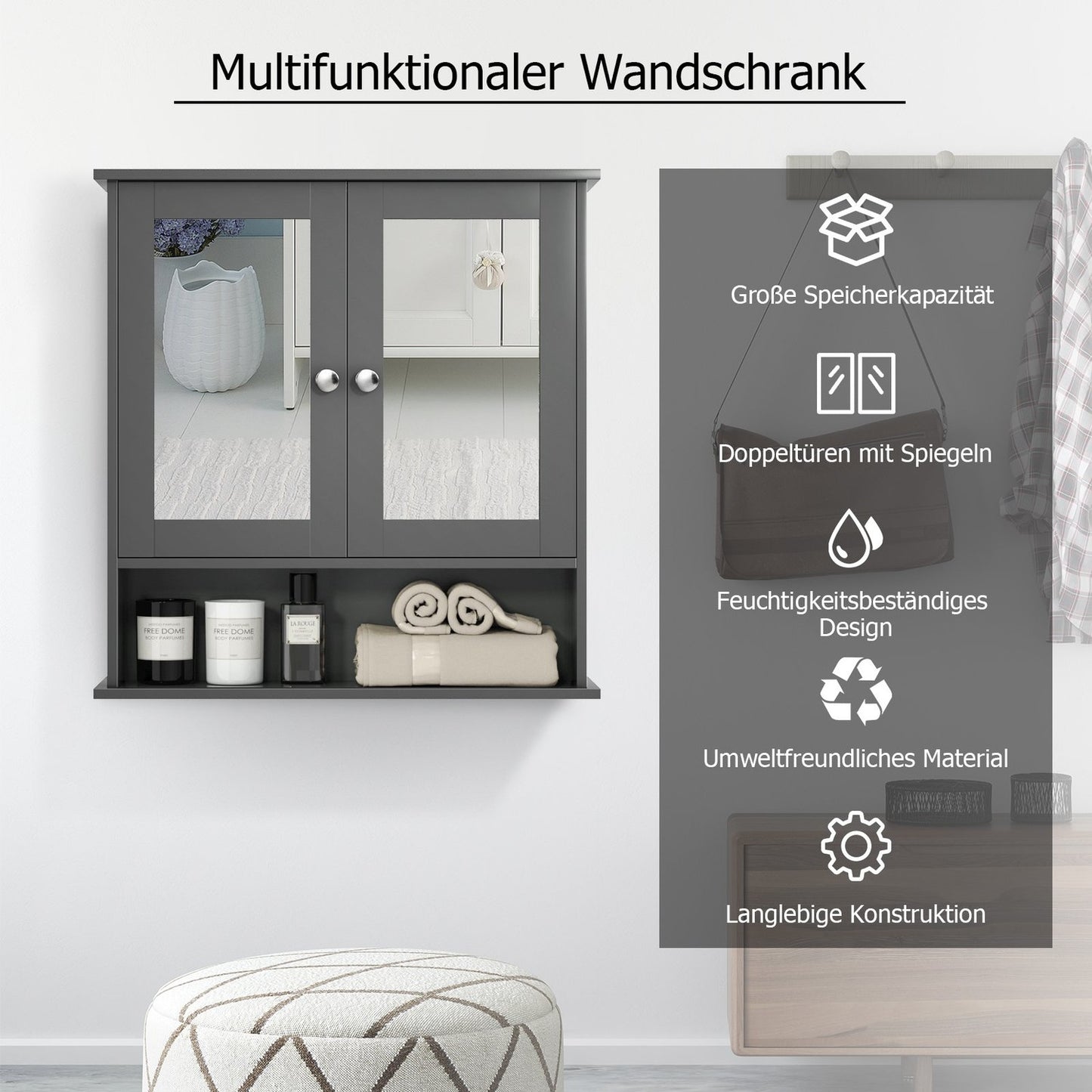 Mirror cabinet bathroom cabinet wall cabinet 56.5 x 13.5 x 58.5 cm gray