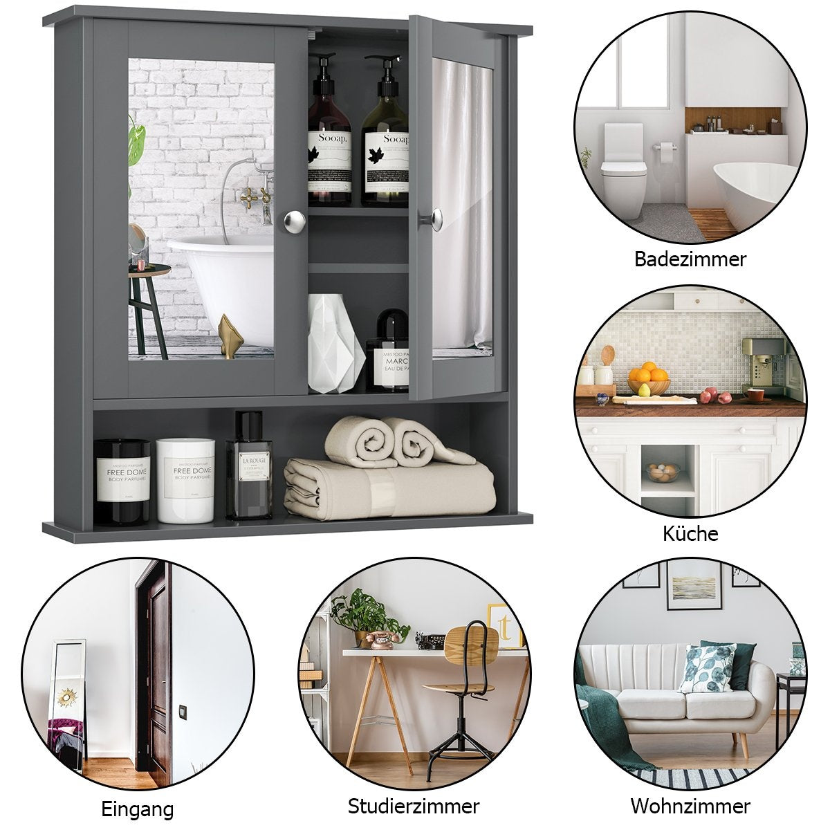 Mirror cabinet bathroom cabinet wall cabinet 56.5 x 13.5 x 58.5 cm gray