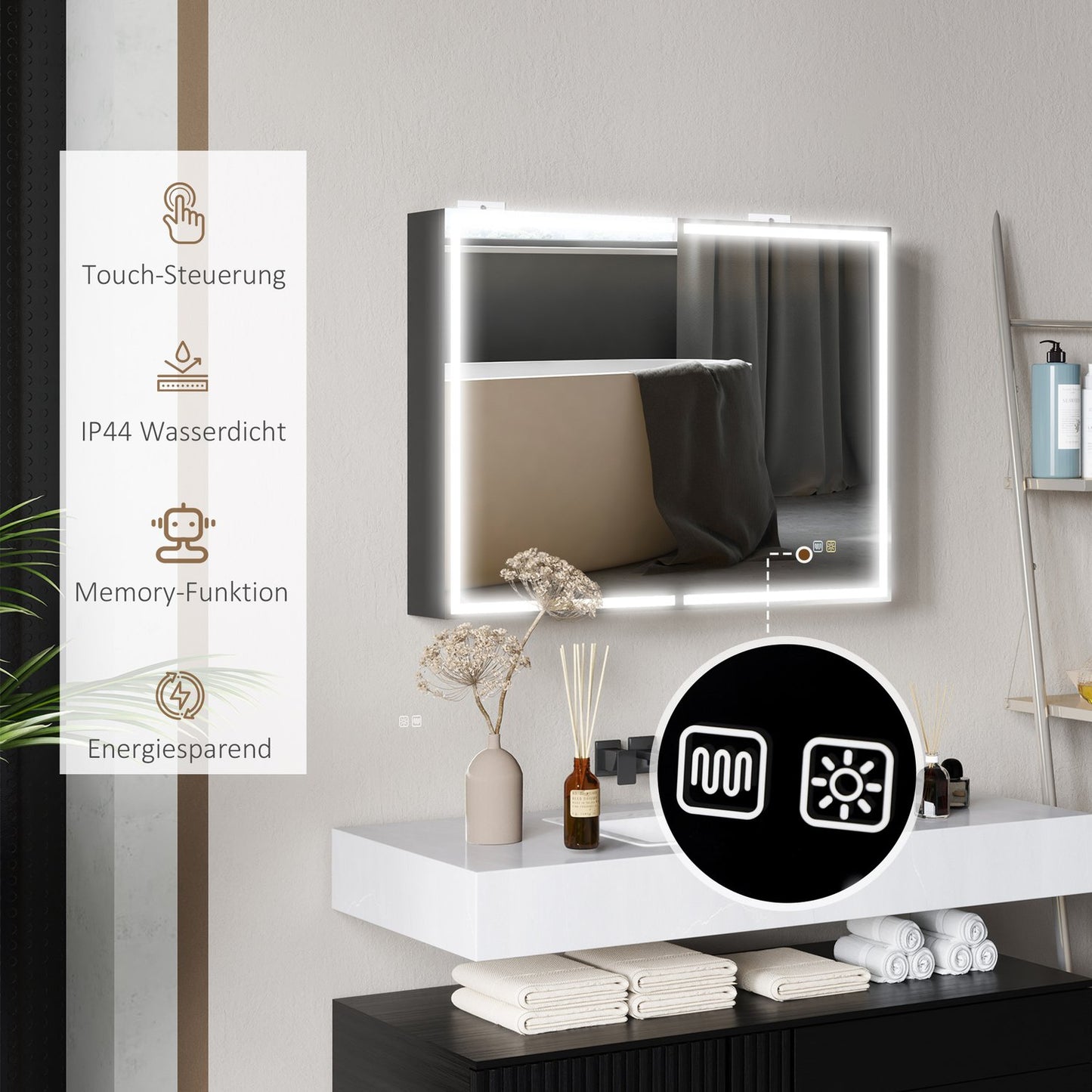 Bathroom mirror cabinet with LED, Anti-Fog, Adjustable Shelf