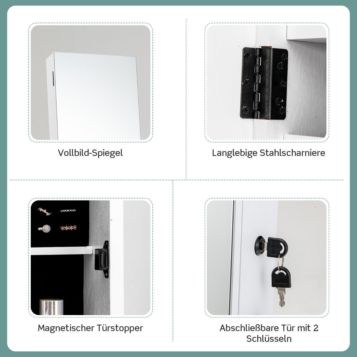 Mirror cabinet jewelry and makeup organizer with full-length mirror 42 x 38 x 157 cm white