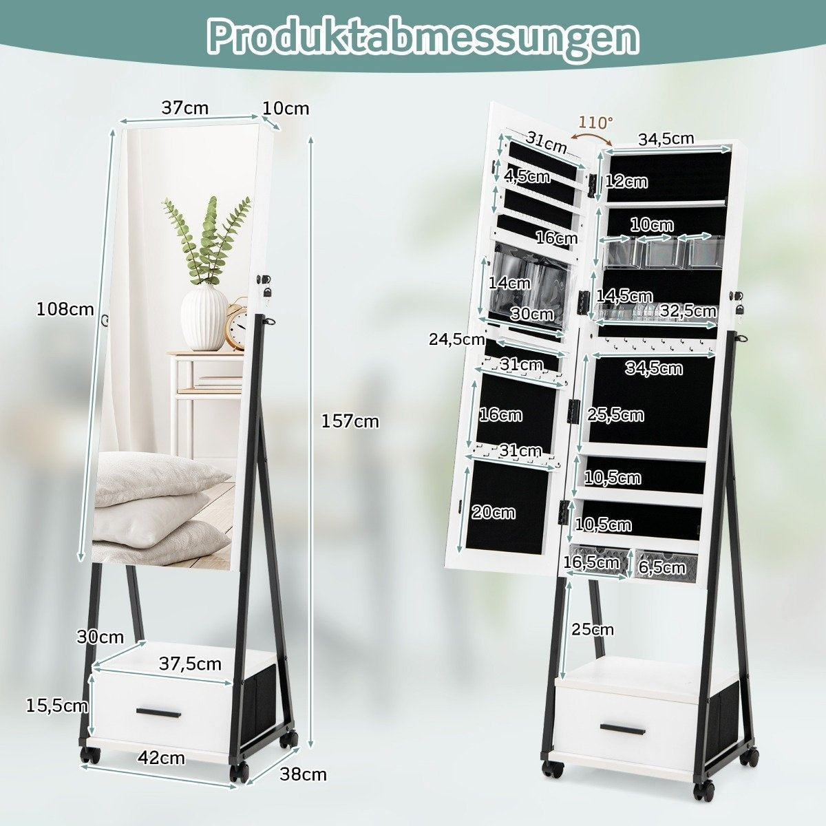 Mirror cabinet jewelry and makeup organizer with full-length mirror 42 x 38 x 157 cm white