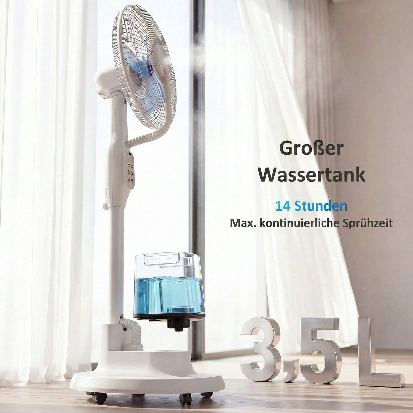 Misting Pedestal Fan, 70 Oscillation, 3.5L Tank, White