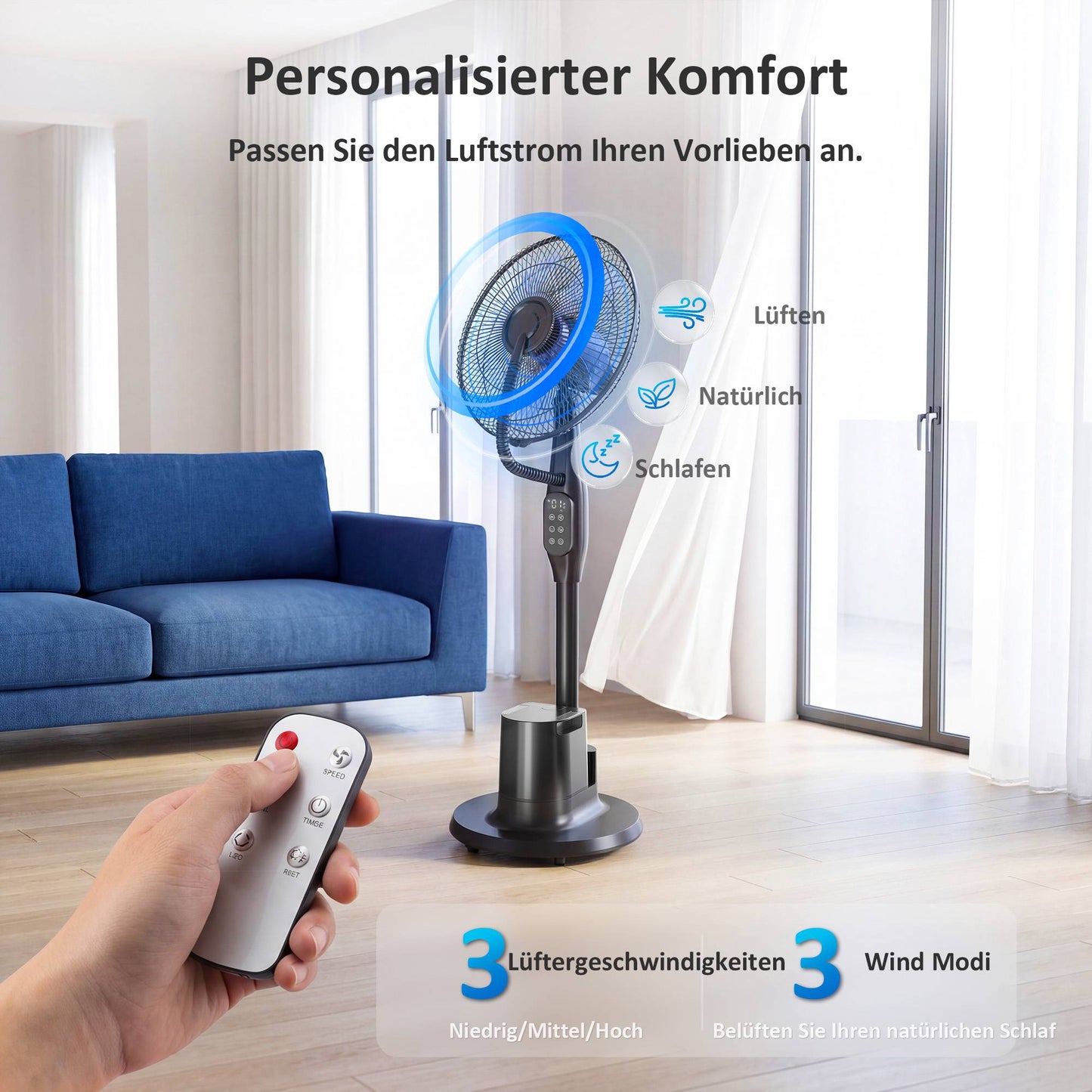 Misting Pedestal Fan, 70 Oscillation, 3 Speeds, 3.5L Tank