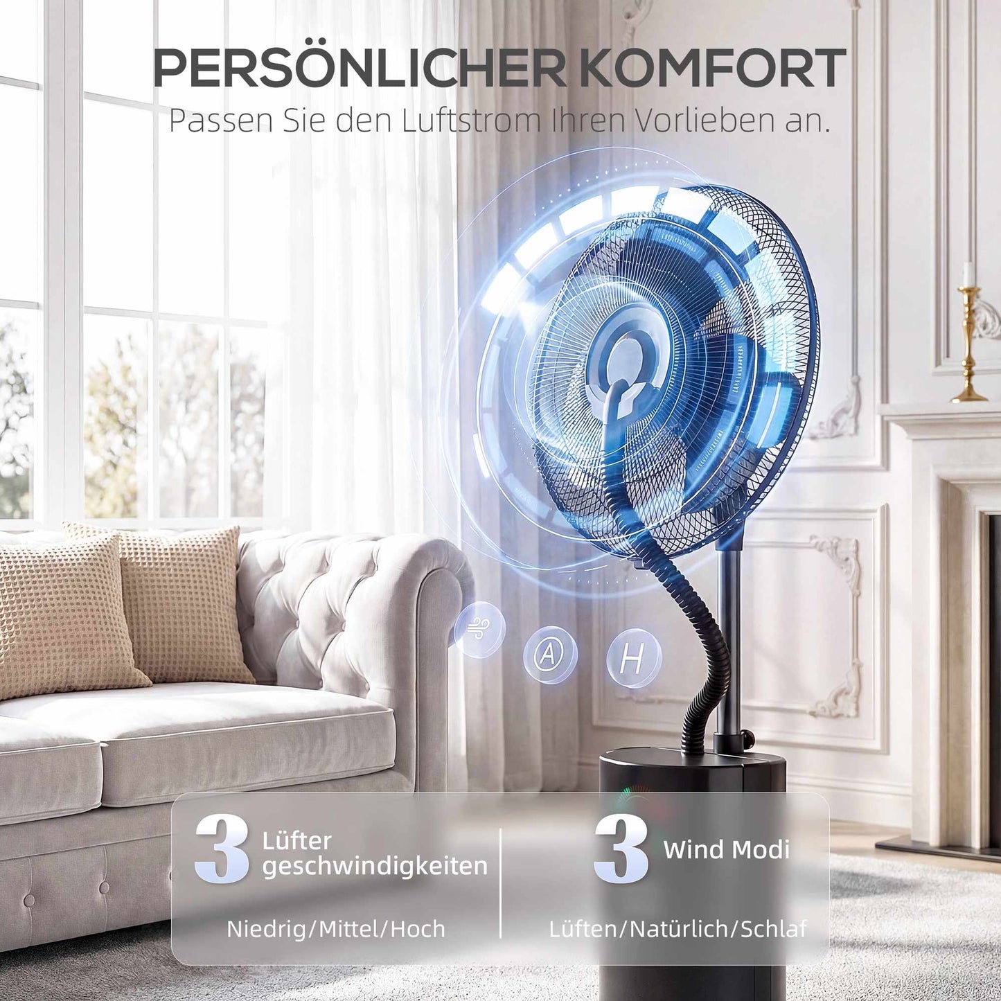 Misting Stand Fan with Remote, 2.3L Tank, 3 Speeds