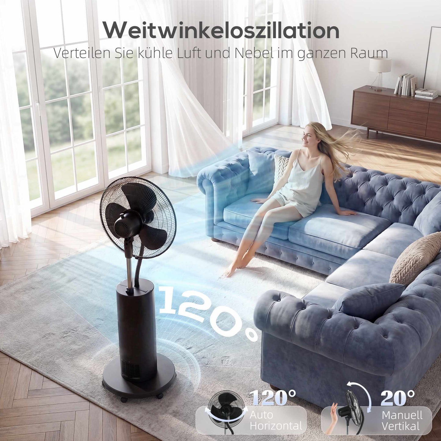 Misting Stand Fan with Remote, 2.3L Tank, 3 Speeds