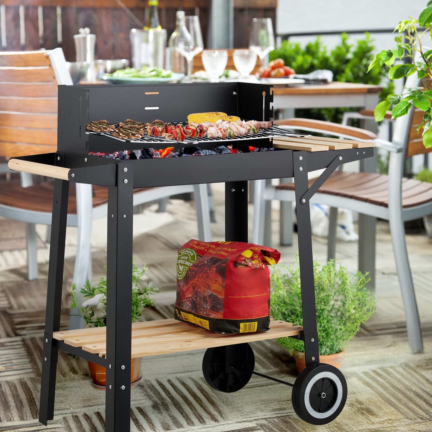 Mobile Barbecue Cart with Shelves and Wheels