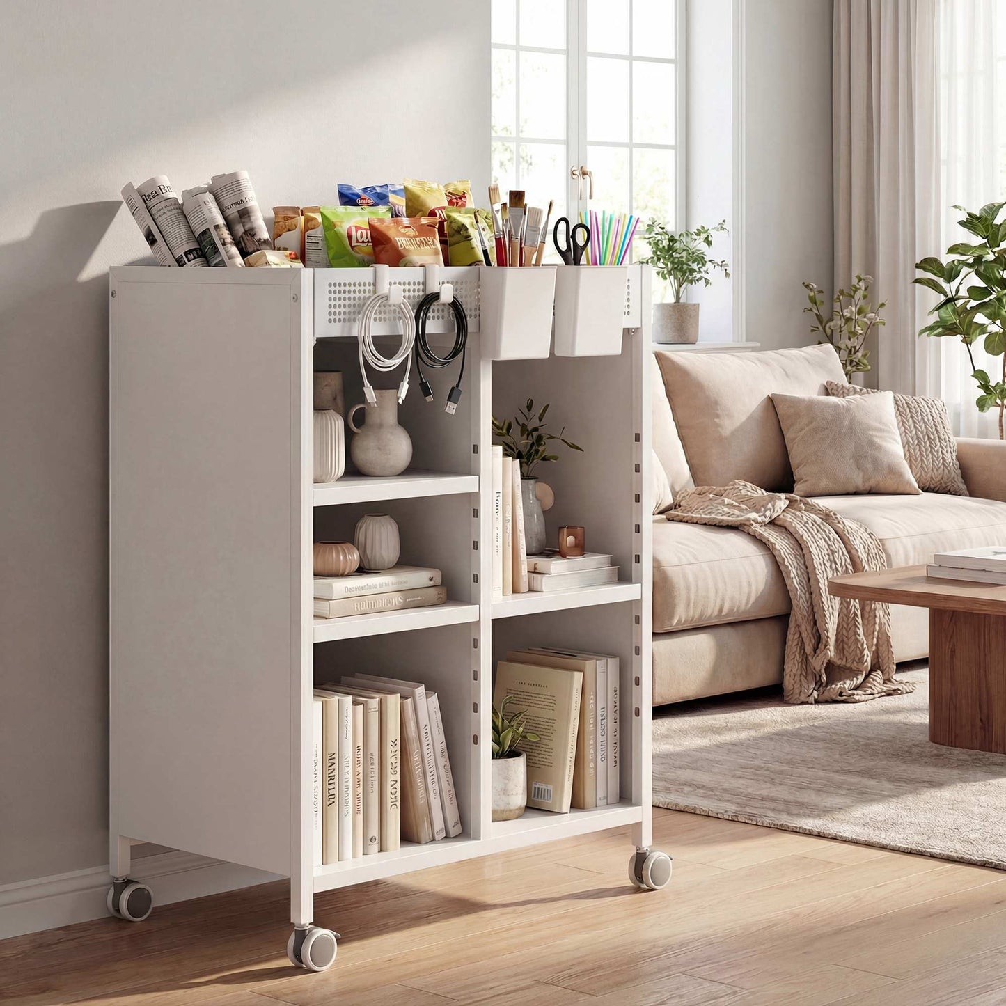 Mobile Bookshelf with Adjustable Shelves & Baskets, White