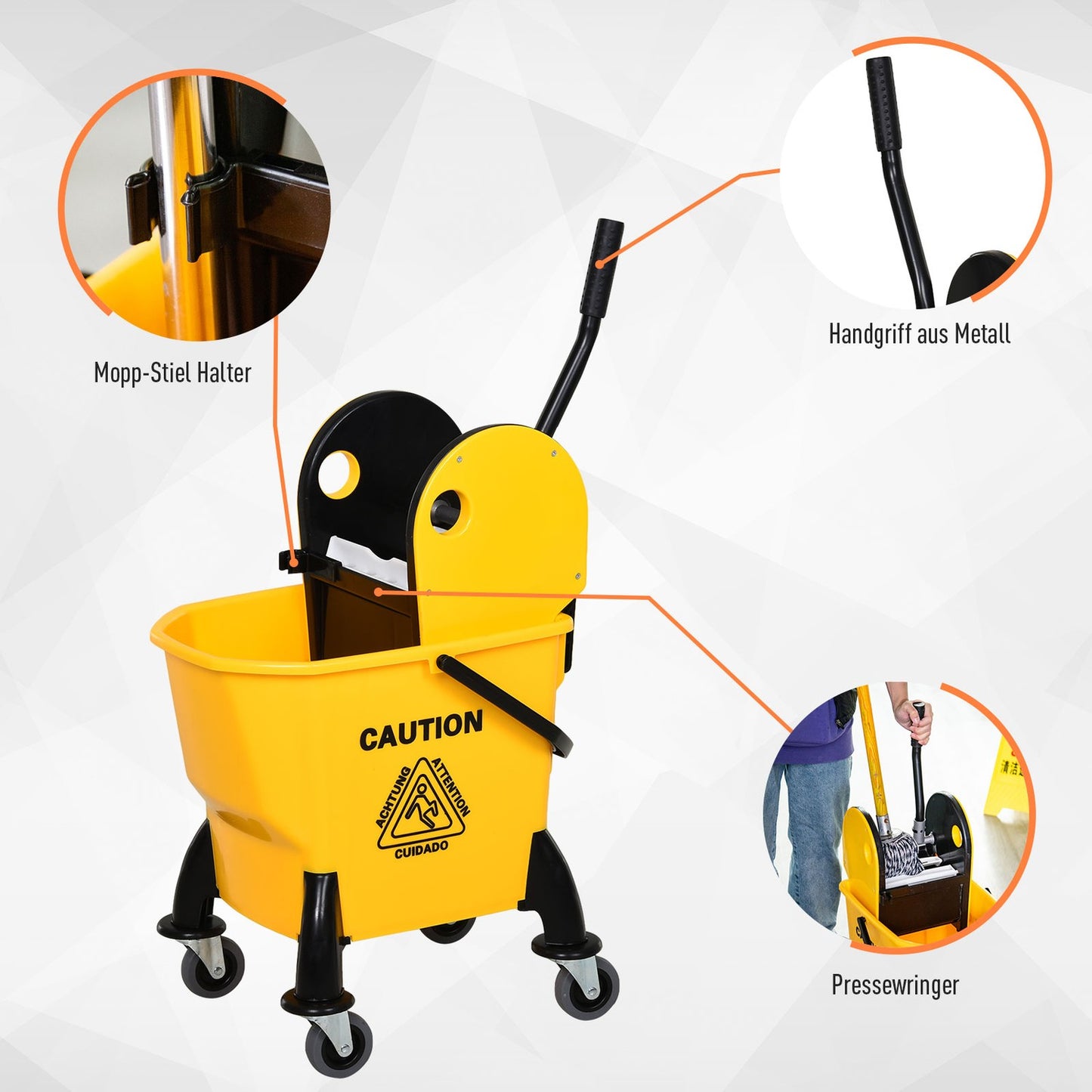 Yellow mobile bucket cleaning trolley, 26L, with turning device