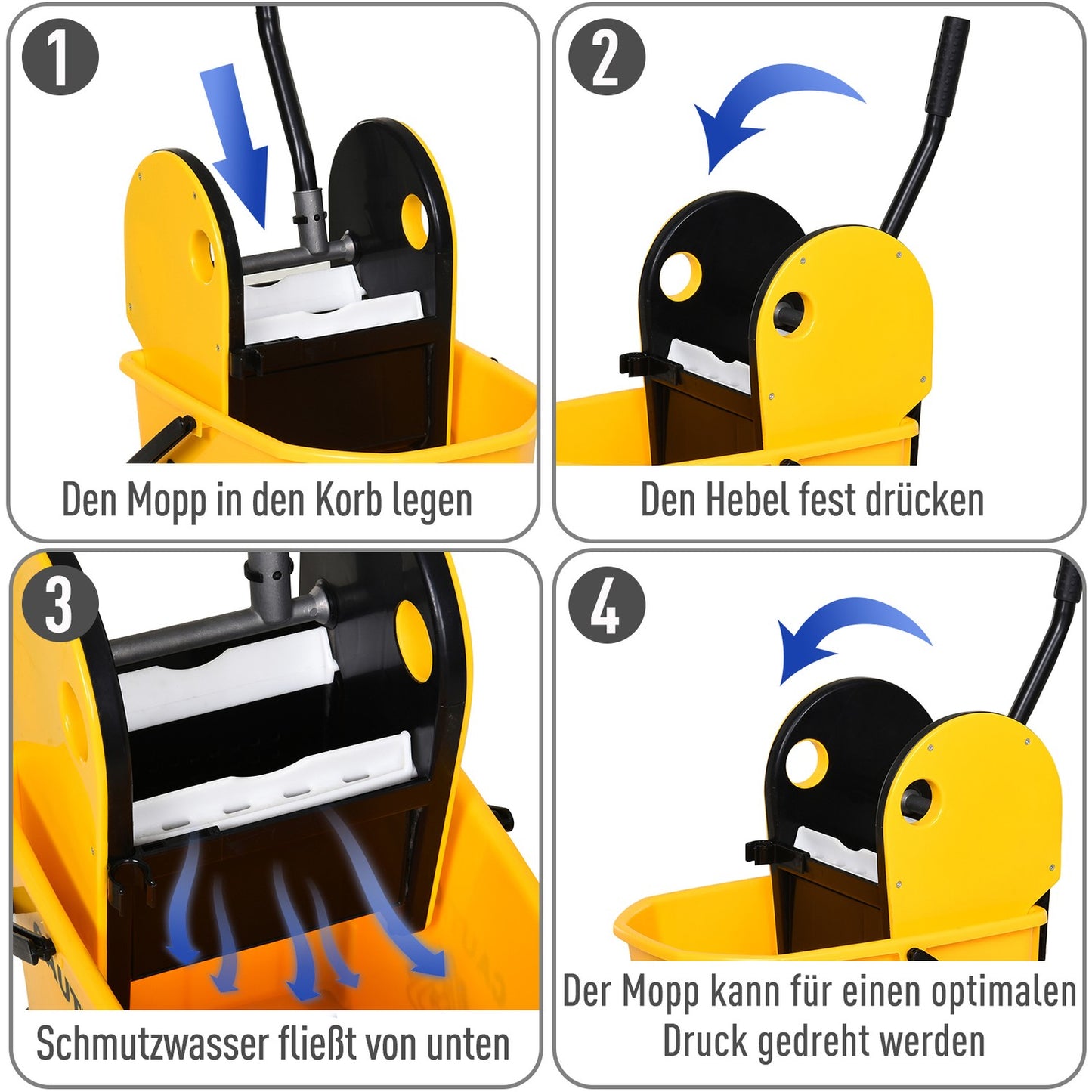 Yellow mobile bucket cleaning trolley, 26L, with turning device