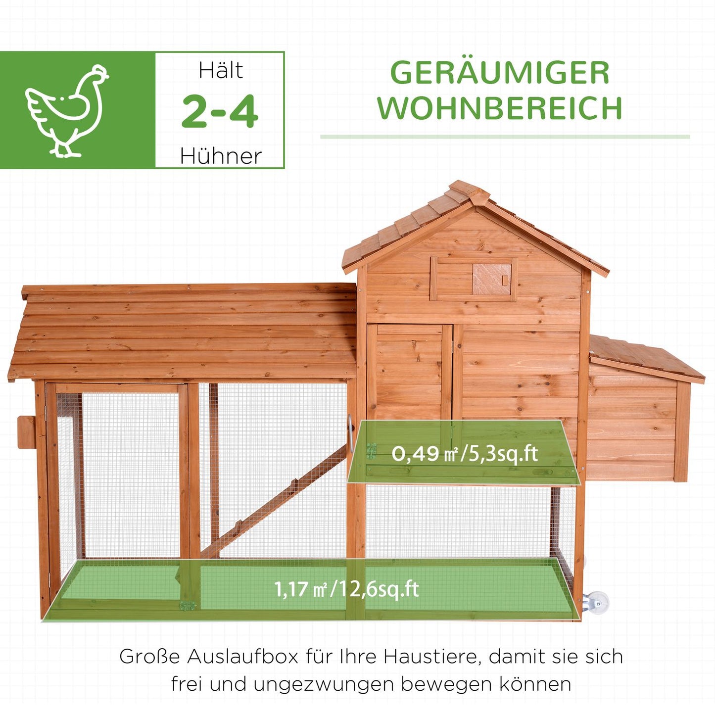 Mobile henhouse with wheels and nesting box - spruce wood