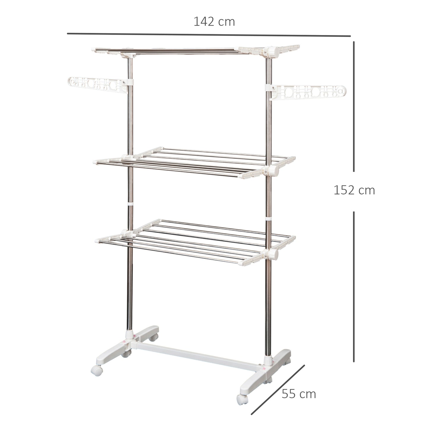 Collapsible mobile clothes airer, 3 levels, 80-142 cm Adjustable