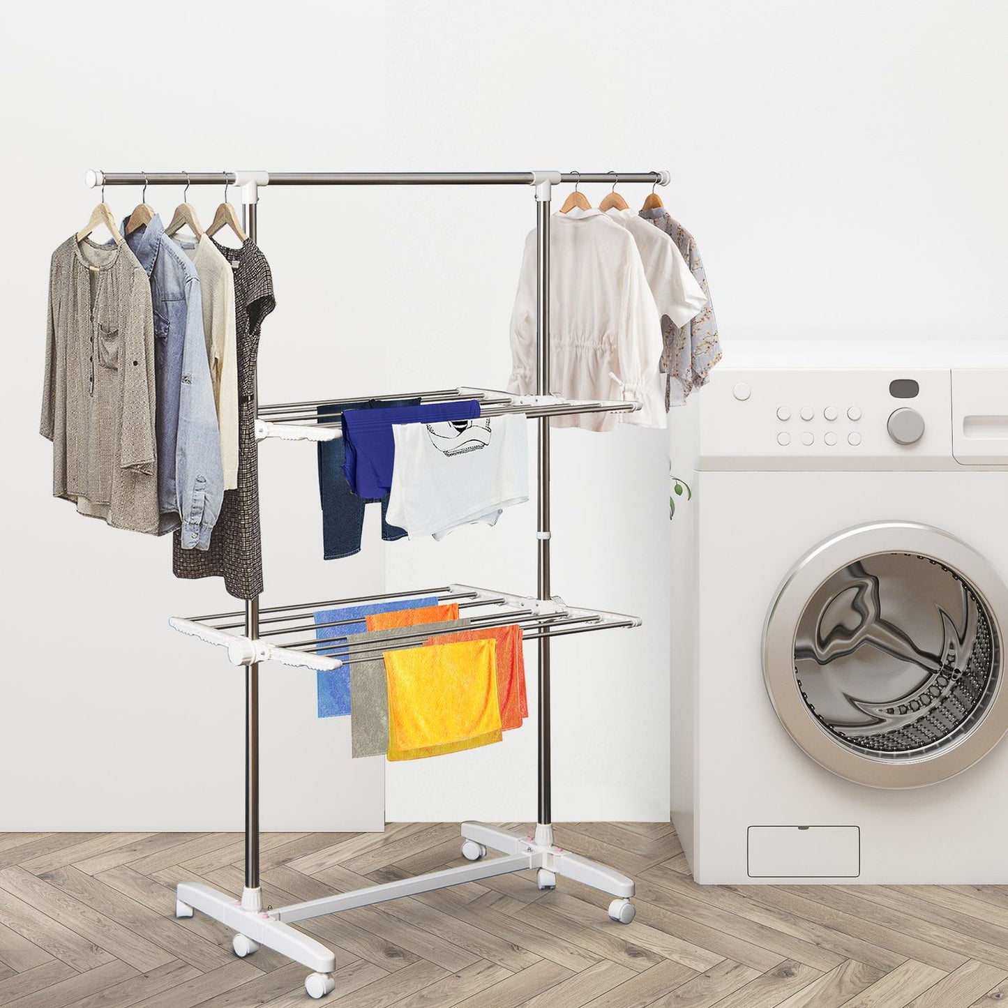 Folding clothes air tower with side wings, 2 levels