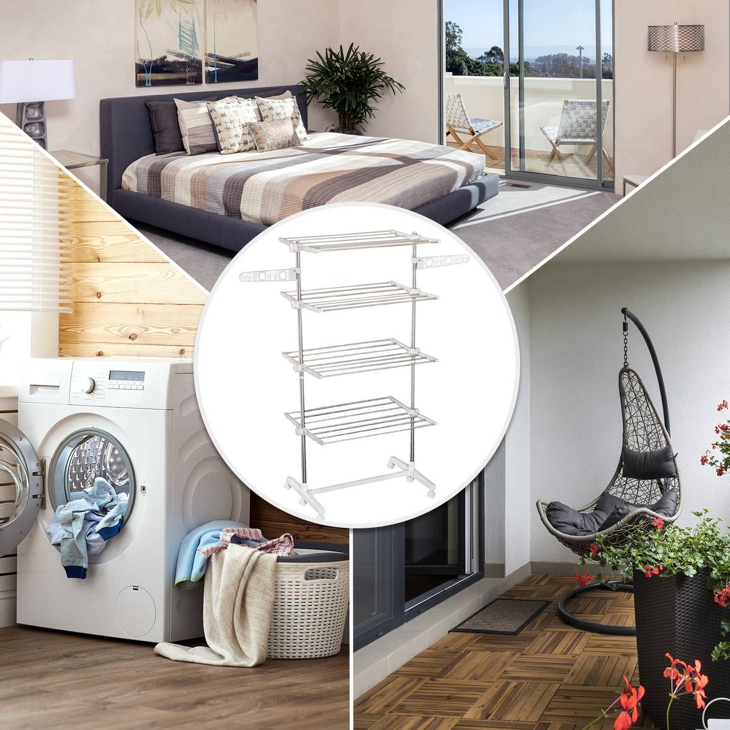 Foldable clothes air tower with drying rack in 4 levels