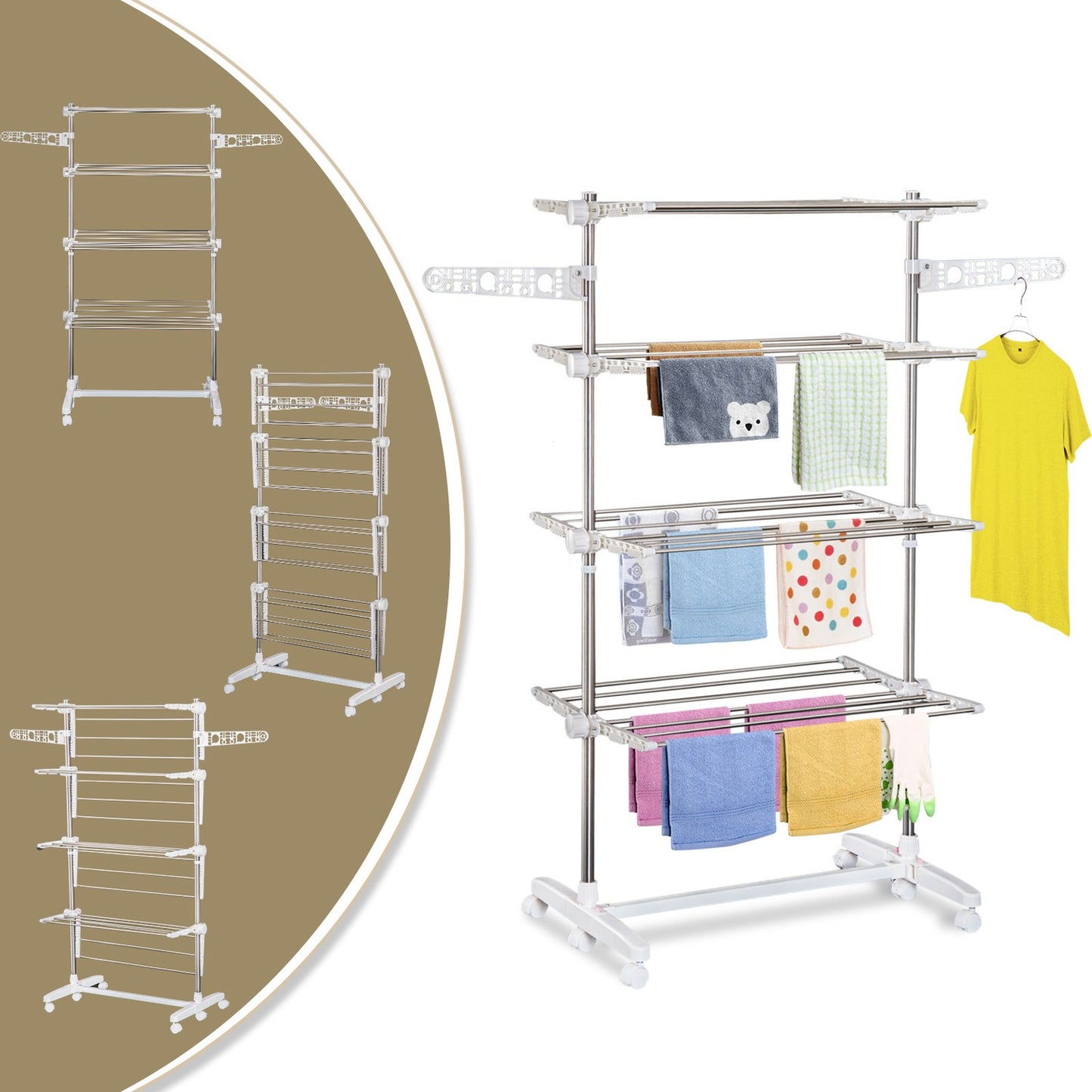 Foldable clothes air tower with drying rack in 4 levels
