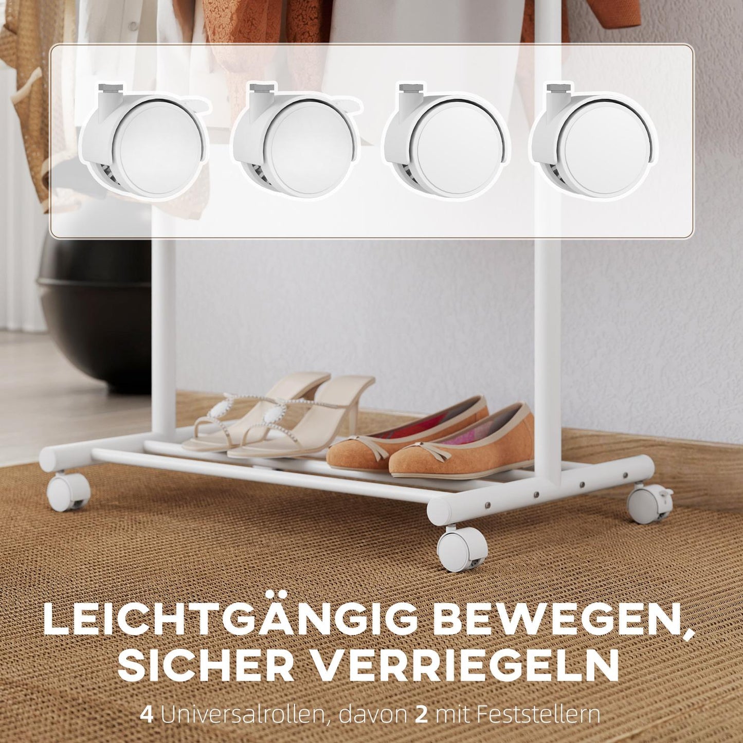 Mobile Clothes Rack with Rod, 5 Hooks, Shoe Shelf, White