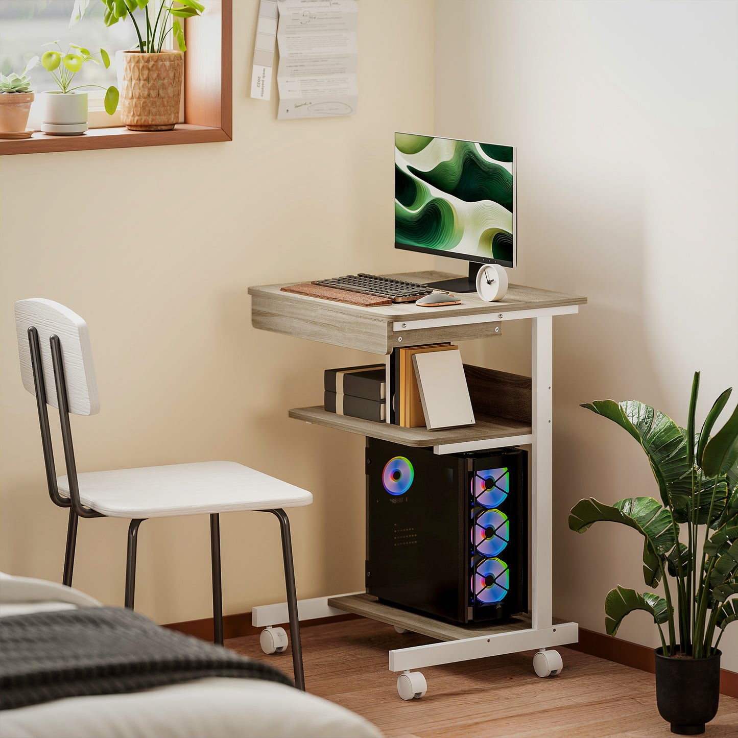 Mobile Desk with Drawer and Shelves, 4 Wheels, Chipboard, Metal