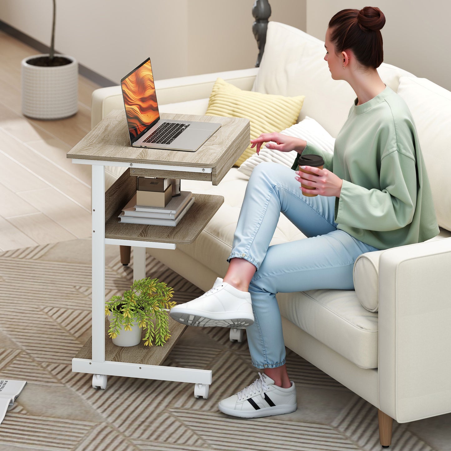 Mobile Desk with Drawer and Shelves, 4 Wheels, Chipboard, Metal